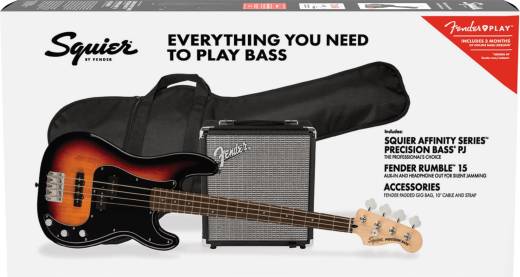 Squier - Affinity PJ Bass Pack w/Rumble 15, Gig Bag - 3-Colour Sunburst